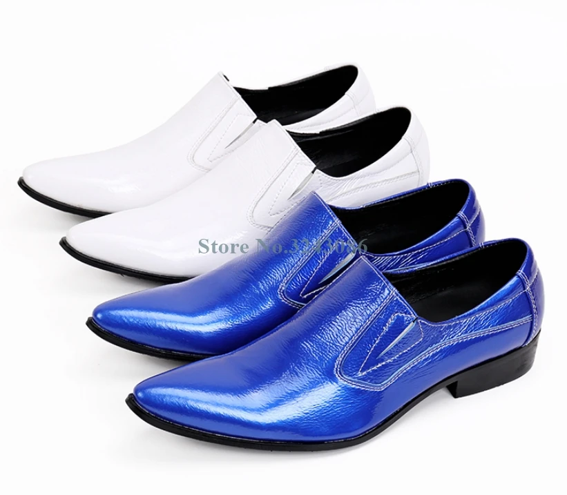 

Basic Pointed Toe Flat Heel Men Shoes Royalblue Leather Slip on Gentleman Pumps Italian Zapatos Hombre Vestir Mens Business Shoe
