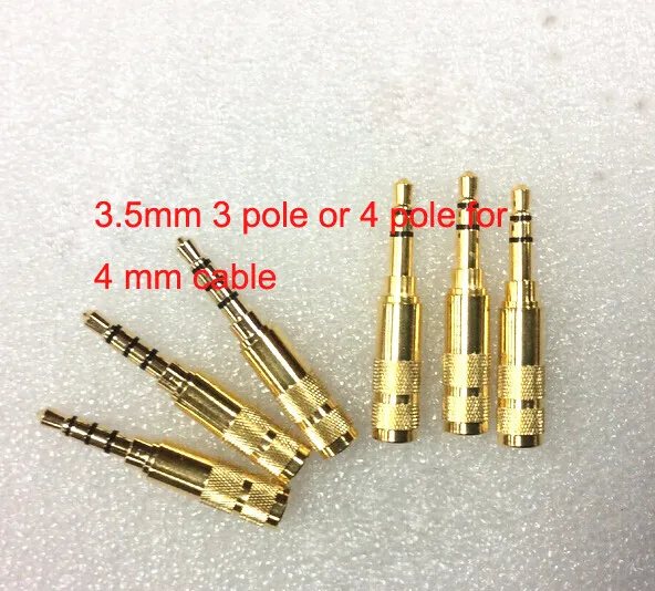 10pcs mini 3 5mm 3 pole or 4pole Gold plated copper plug for 4mm Tail hole cable audio connector headphone adapter free shipping