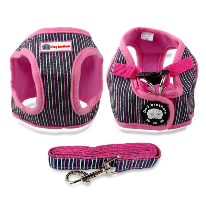 

2019 Hot Selling Soft Puppy Small Dog Harness Striped Basic Halter Harnesses Walking Leash Leads Set