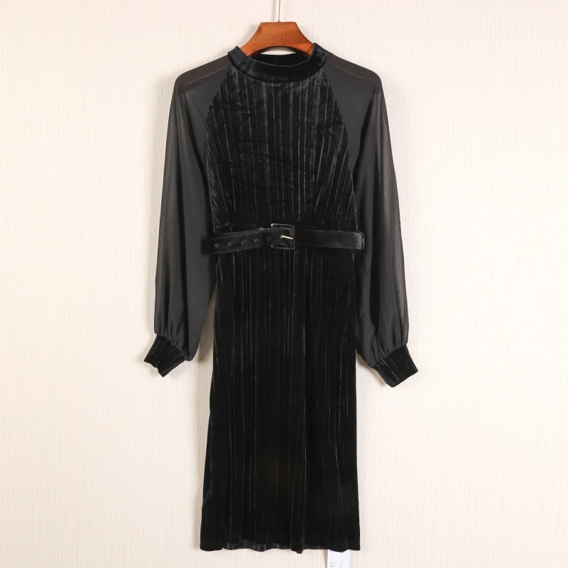 New Autumn Dress Brand Fashion Runway Designer Velvet dress chiffon lanterns sleeve gold velvet dress