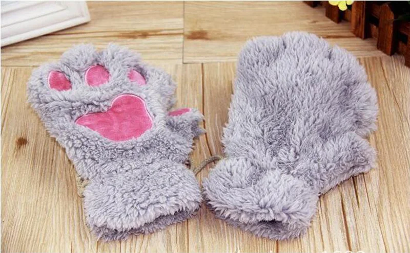 Winter cute cartoon cat girl mitt thickening fluff bear paw half finger gloves G22