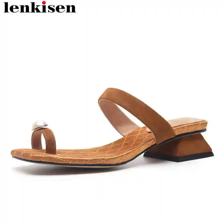

Lenkisen simple design peal decoration kid suede solid peep toe slingback slip on med heels runway sand woman cozy sandals L37
