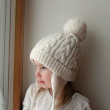 Зимняя детская шапка с ушками персикового цвета для мальчиков и девочек, вязаная шапка, теплая детская зимняя детская шапка, вязаная шапка из шерсти