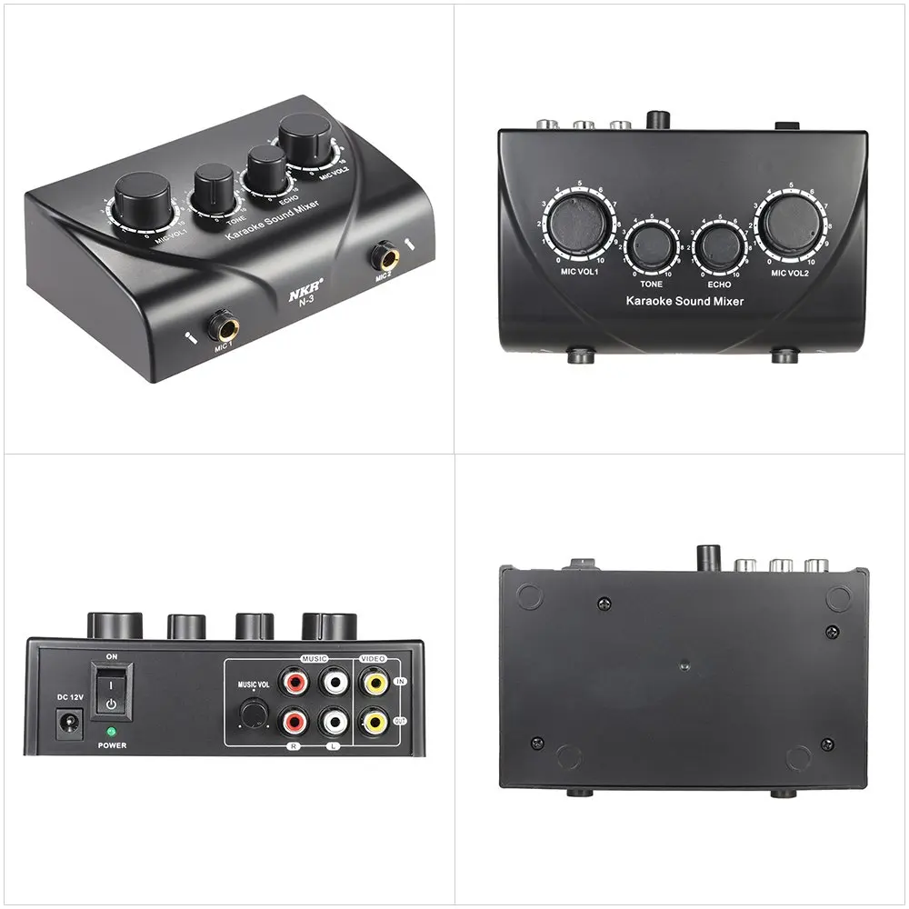 Portable Sound Audio Stereo Echo Mixer Dual Microphone Inputs With RCA Cable Power Adapter for TV PC Smartphone Outdoorfree BLAC
