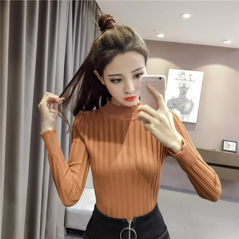 Korean Fashion Tight Slim Knitted Pullover Women 2017 New Autumn Thin Sweater Half Turtleneck Solid Color Casual | Женская одежда