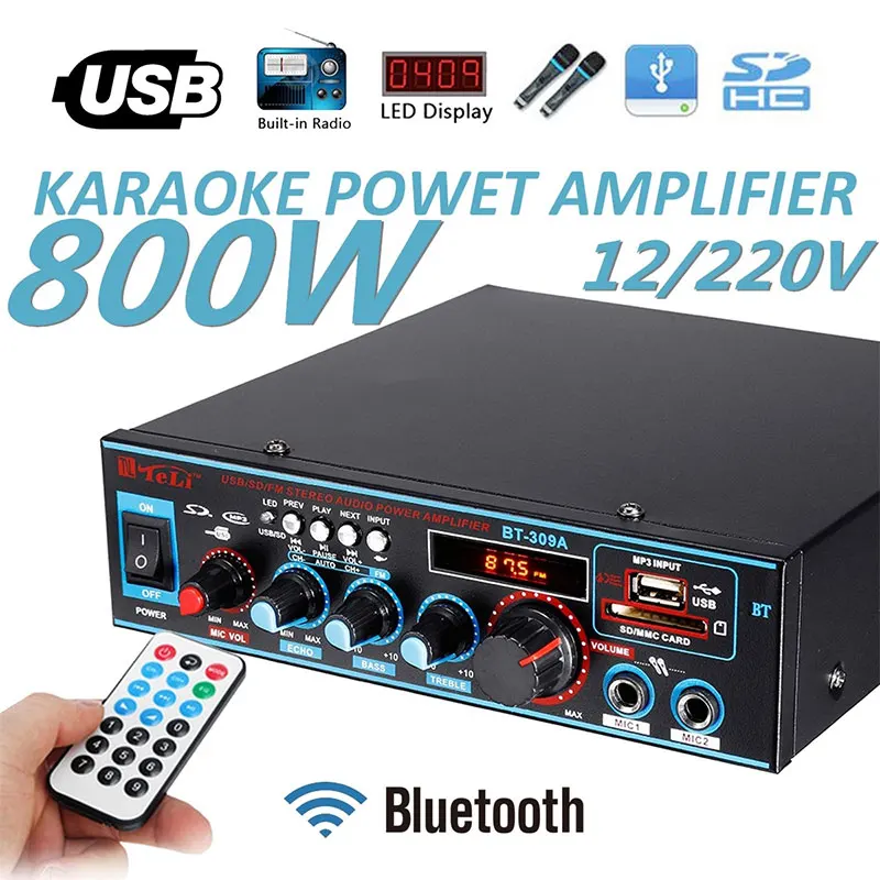 

2CH 800W HIFI Digital Bluetooth Audio Power Amplifier Built-in LCD Display with Remote Control Support Bluetooth FM USB SD Card