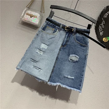 

2019 Women Denim Skirt Fashion Hole Pockets Above Knee Mini Length Patchwork A-Line Empire Waist Summer Casual