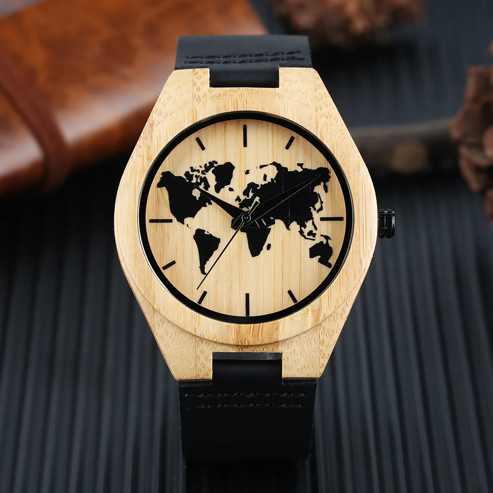 

Carving World Map Theme Father's Day Bamboo Wooden Watches Casual Black Leather Creative Quartz Wrist Watch Gift for Father Dad