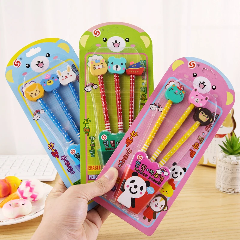 

1set 3Pcs HB Wooden Pencil with Cartoon Eraser Cap Stationery Student Writing Pencil School Supply Child Boys Girls Gift