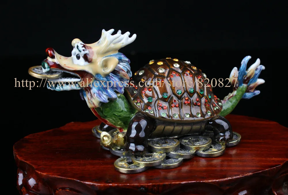 Treasure Casket in Turtle Shape FengShui Style Dragon Turtle Trinket Box Metal Statues Rhinestone Crystal Large Dragon Turtle