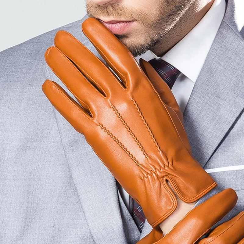 Man Genuine Leather Short Gloves Male Spring/Winter Embossed Stripe