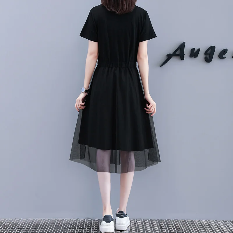 Plus 4XL Size New Summer Women's Pleated Short Sleeve Hollow Out Mesh Fashion Dress Office Lady Hote Sale D96802K