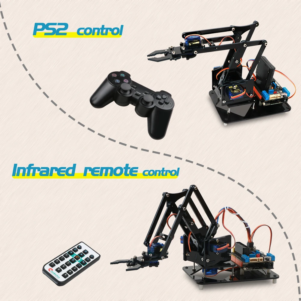 Tanie Keywish Diy ramię robota pazur zestaw do arduino R3, akryl o wysokiej twardości, obsługa programowania Scracth, sterowanie bezprzewodowe PS 2.4G