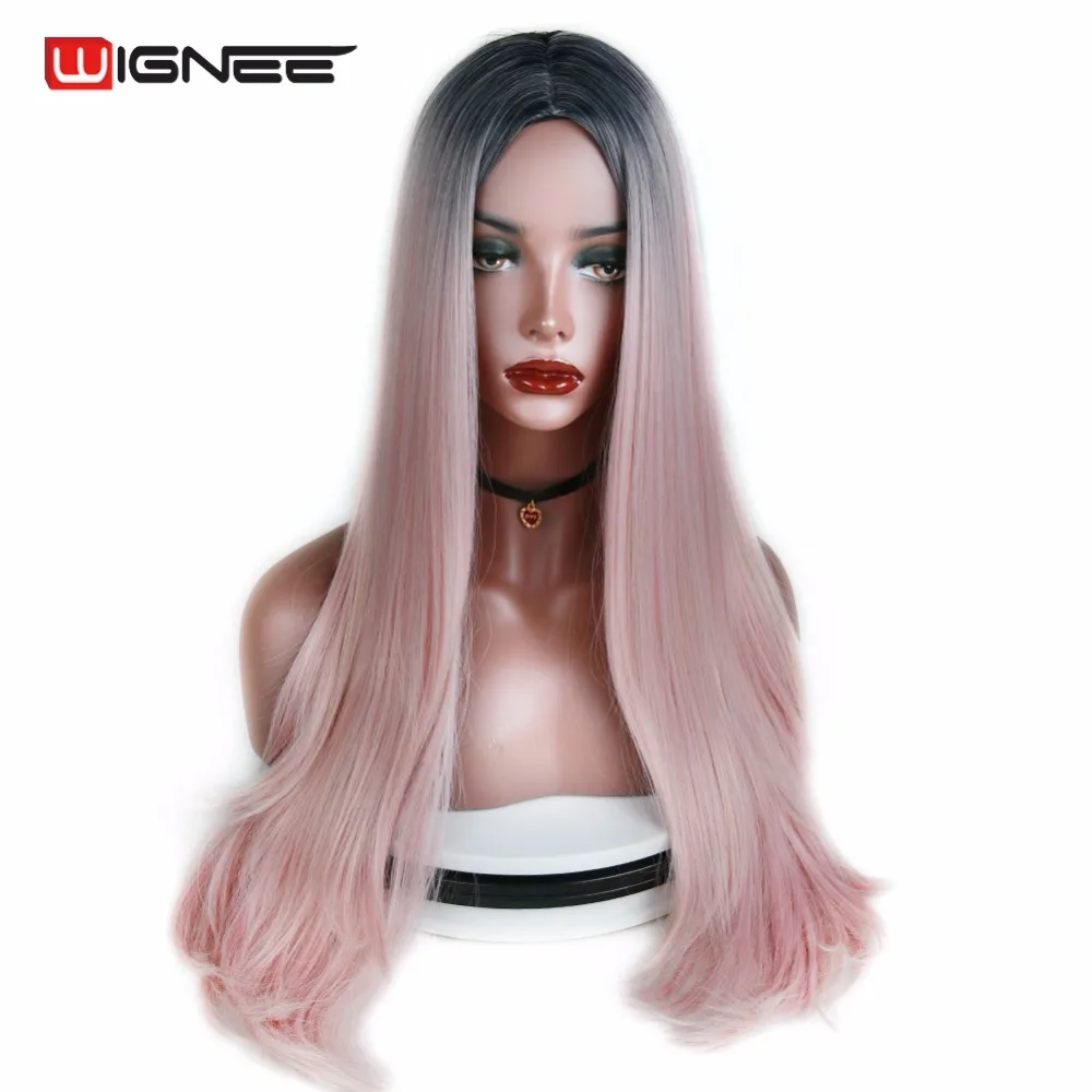 Wignee длинные прямые волосы Ombre светло-розовый высокой плотности температура Синтетический парик для черный/белый для женщин косплэй