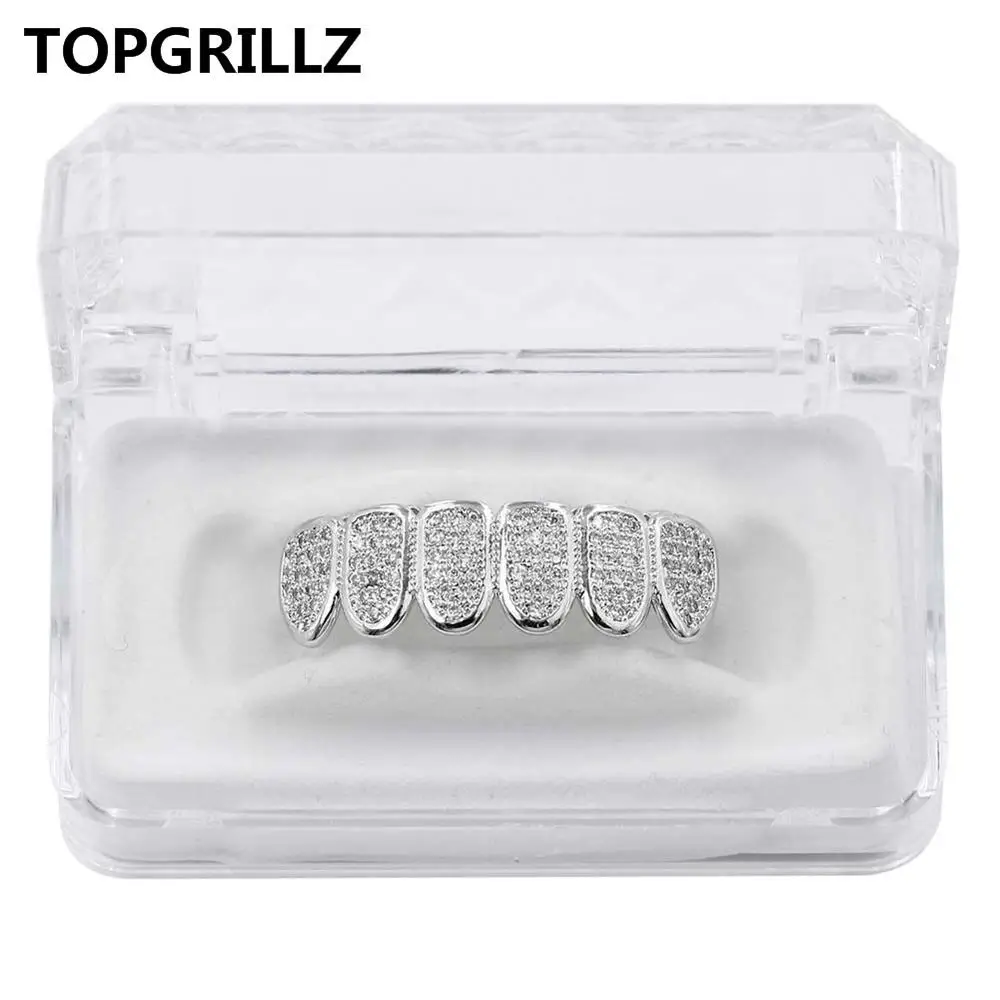 TOPGRILLZ пользовательский Fit посеребренный CZ микро проложить сверху и снизу Пользовательские Гриль Набор родий зубы грили вампирский зуб Grillz - Окраска металла: Silver Bottom