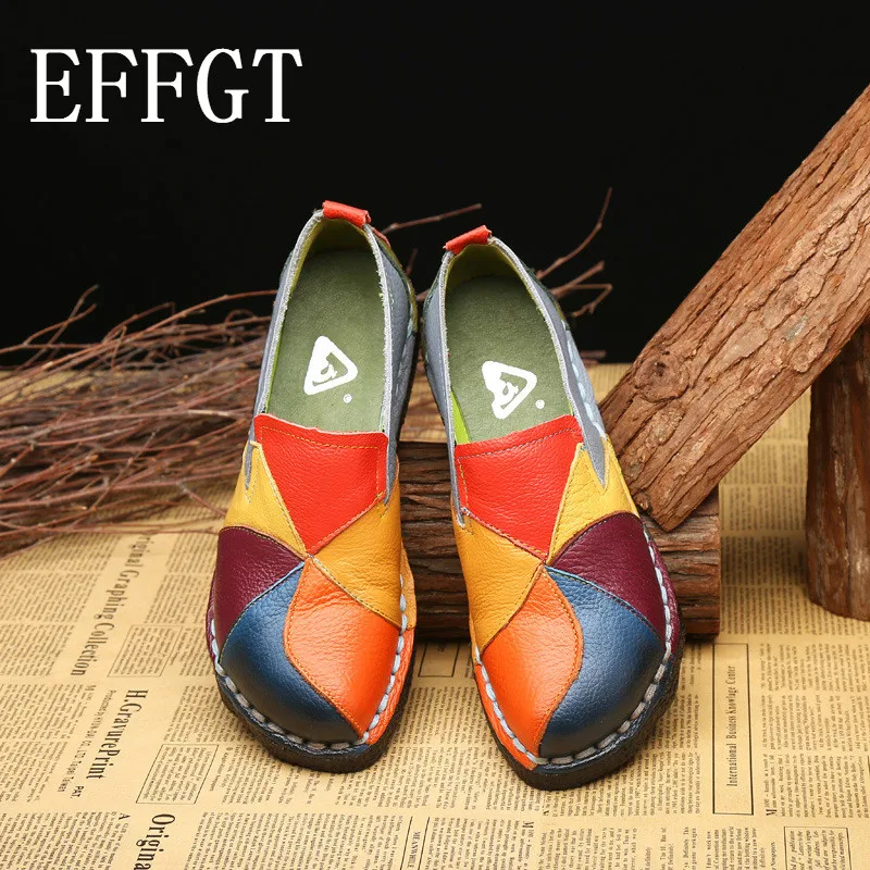 

EFFGT Vintage Genuine Splicing Loafers Retro Soft Sole Non-slip Flats Shoes Women Spring Summer Casual Women Flat Shoes C112