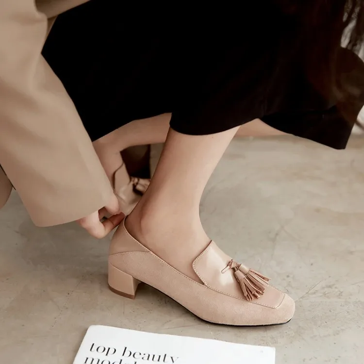 MLJUESE/2019 женские туфли лодочки из мягкой коровьей кожи без шнуровки кисточкой черный цвет осень весна квадратный носок высокие каблуки