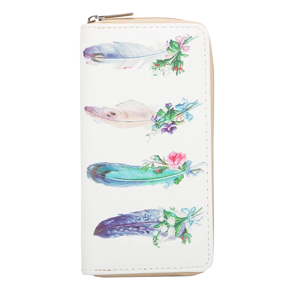 

Sansarya New 2018 Fashion Colorful Feather Printed Pretty Woman Wallet Card Holder Zipper Wallets PU Female Purse for Ladies