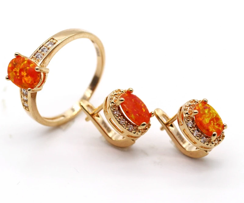 GZJY Exquisite Jewelry Set Oval Orange Fire Opal Gold Color Zircon Ring Earrings For Women Wedding Anniversary | Украшения и