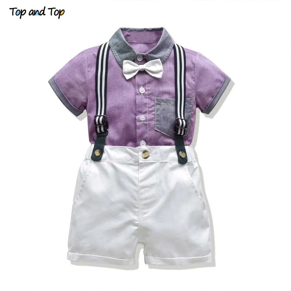 

Top and Top Infant Boys Gentleman Outfits Short Sleeve Shirt with Bow Tie+Suspenders Shorts 2Pcs Sets Roupas Infantis Menino