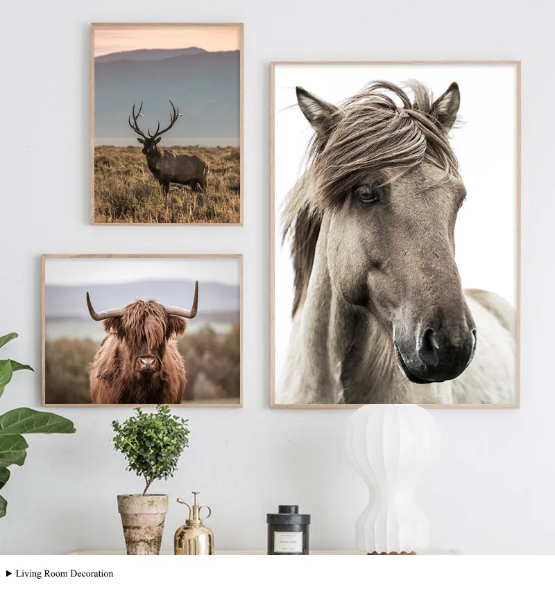 Плакат в скандинавском стиле скандинавский принт олень лошадь Крупный рогатый скот животные настенная живопись холст Дикое поле природа Картина декор для гостиной