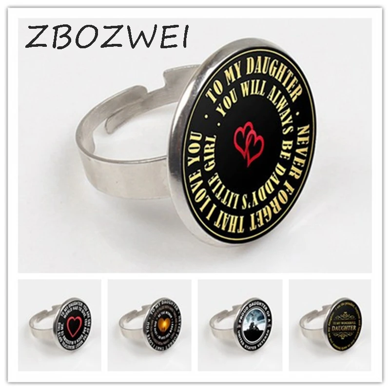 

ZBOZWEI 2018 To My Daughter Ring Print Art Pattern Glass Cabochon Ring Love Dad Long Ring For Girl Brithday Jewelry