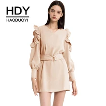 HDY Haoduoyi Women Mini Dress V-neck Long Butterfly Sleeve Button High Waist With Belt Dress Brief Elegant Chiffon Slim Dress fashionable round neck chiffon dress w waist belt green l