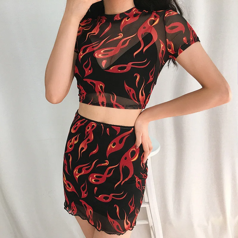 Лоскутная Сетка Сексуальная юбка Harajuku Kawaii уличная пламенная огненная печать юбки женские двухслойные Высокая талия юбка