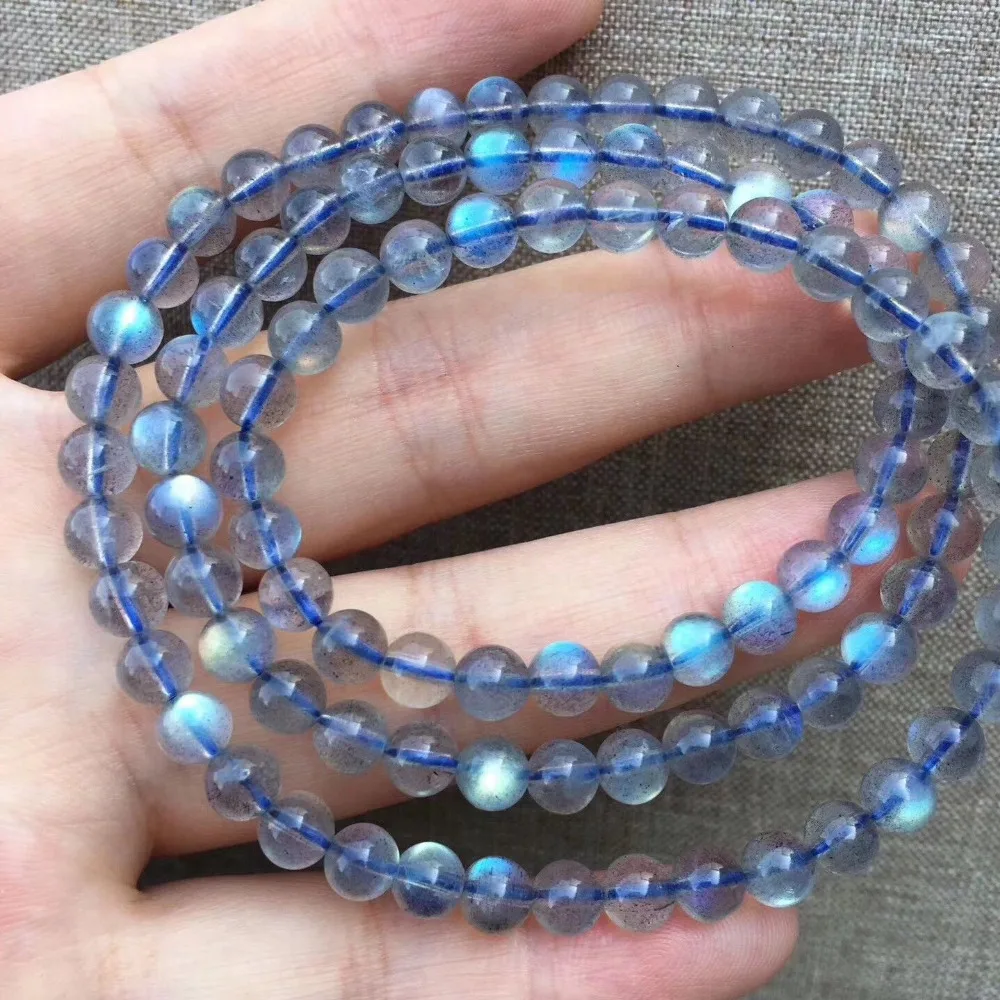 Genuine Natural Blue Labradorite Bracelets 5mm Blue Lights 3 Laps Lady Stretch Necklace Crystal Round Beads Bracelet (2)