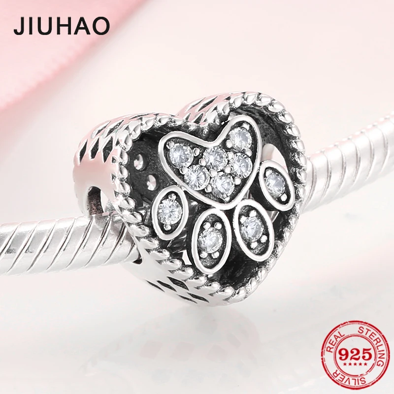 

Lovely clear Zircon pet cat claw Heart beads 925 Sterling Silver bead For jewelry making Fit Original Pandora Charm Bracelets