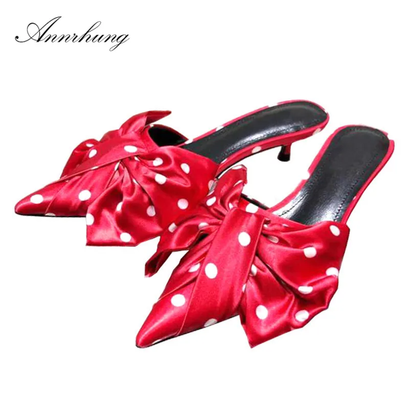 

Big Butterfly-knot Polka Dot Silk Slippers Women Sexy Pointed Toe Kitten Heel Bowknot Outwear Summer Mules De Mujer