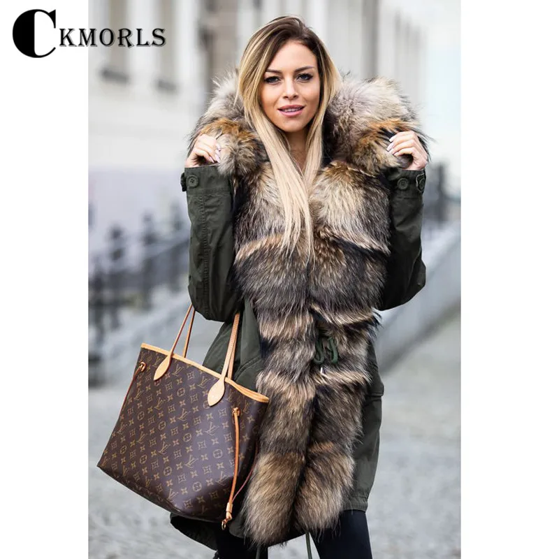 CKMORLS New Fashion Parkas With Natural Big Raccoon Fur Collar Armygreen Fur Jacket For Women Real Fur Coats Thick Warm Outwear CKMORLS New Fashion Parkas With Natural Big Raccoon Fur Collar Armygreen Fur Jacket For Women Real Fur Coats Thick Warm Outwear