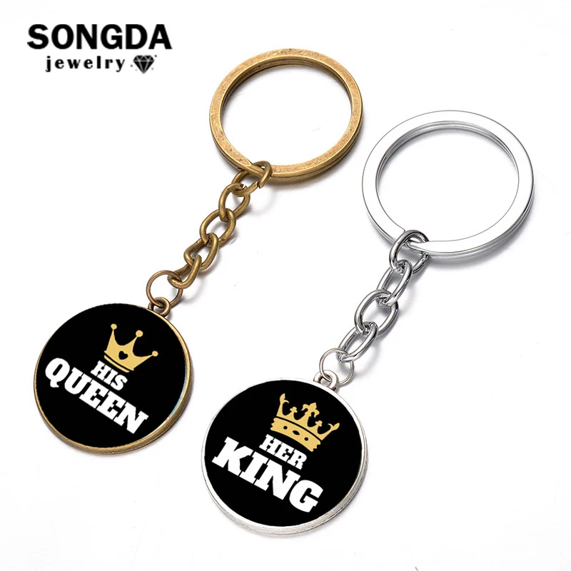 

SONGDA Simple Solid Color His Queen Her King Couple Keychain Glass Cabochon 3D Effect Metal Long Key Chain for Women Men Jewelry