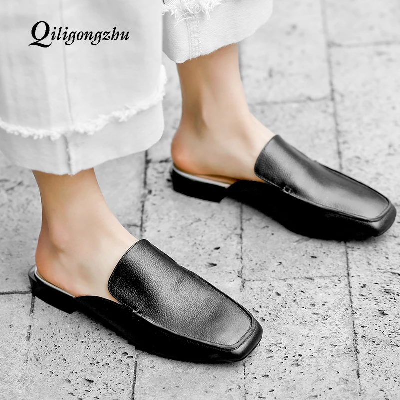 

Woman Slippers Flat Women Casual Mules Shoes Slip On Slides Square Toe Real Leather Flats Spring Summer Beach Wedges Sandals