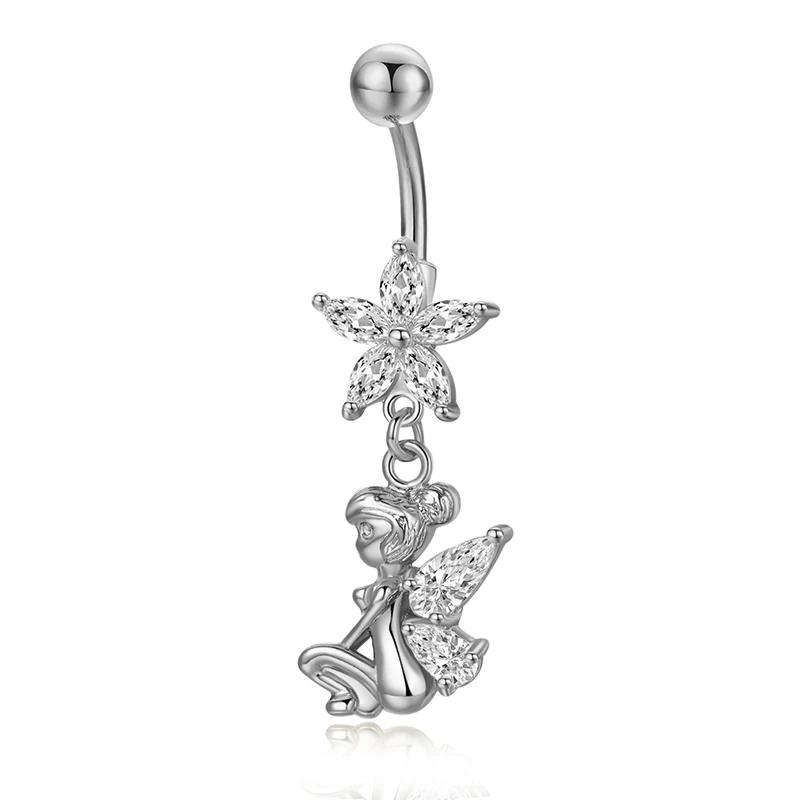 

2019 New Cute Zircon Flower Navel Ring Flower Fairy Pendent Belly Button Ring Stainless Steel Body Piercing Jewelry