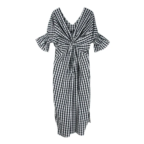 

French Romance Bowkbnot Back Short Sleeve Plaid Dress Women Loose Casual Midi Dress V-neck Summer Dress Oversized Vestidos