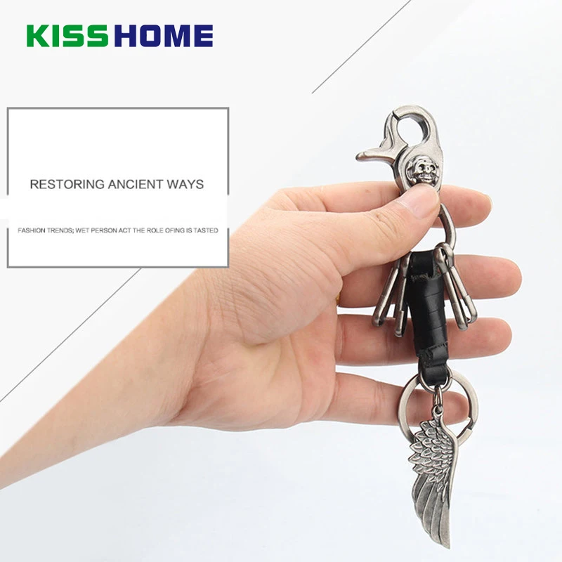

Punk Retro Metal Keychains Cowhide Leather Cowboy Hat Rivet Badminton Skull Wing Feather Anchor Leaves Handcuffs Key Rings