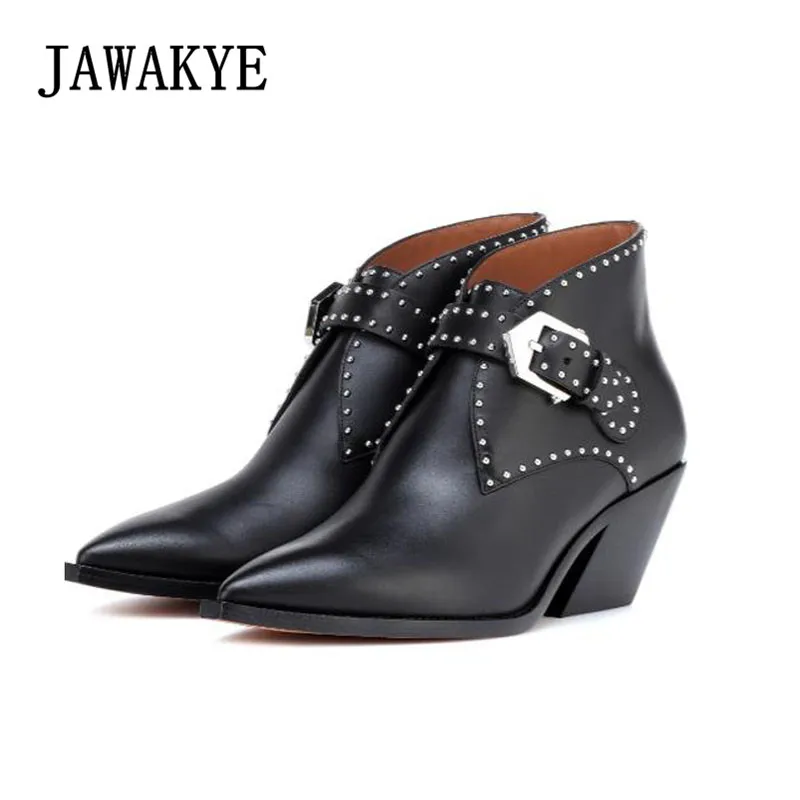 

New Point Toe Metal Buckle Studded Ankle Boots for Women Genuine Leather Kitten low heel short boots Gladiator Motorcycle Boots