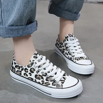 

Women Canvas Shoes Leopard Sneakers Women Shoes 2019 Hot Harajuku Casual Vulcanized Shoes Women Flats Low Upper Lace Up Footwear