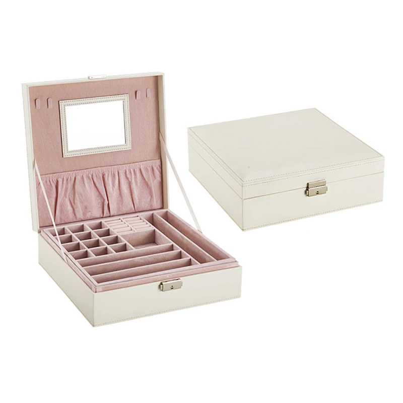 Кожаная квадратная шкатулка для ювелирных изделий с зеркалом, коробка для хранения ювелирных изделий - Цвет: White