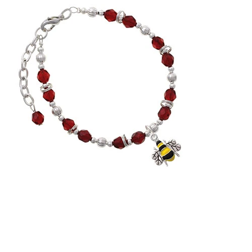 Silvertone Enamel Bee Maroon Beaded Bracelet