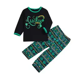 Одежда для маленьких девочек, топы с надписью «Lucky»/штаны с рисунком, Детская Хлопковая футболка с длинными рукавами, брюки, детская одежда