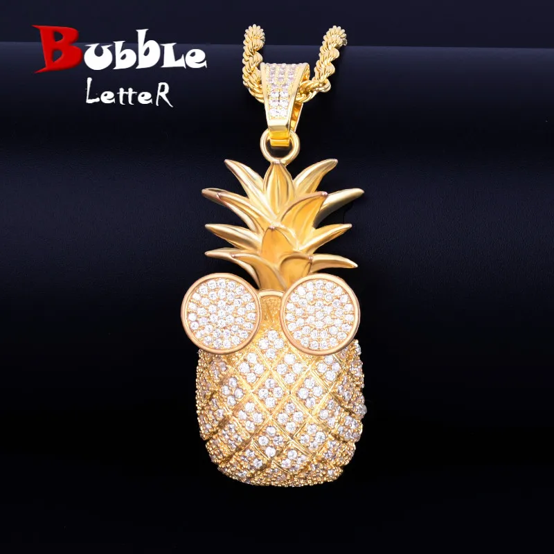 

Gold Pineapple shape Necklace & Pendant With 4mm Tennis Chain AAA Cubic Zircon Men's Women Hip hop Rock Jewelry 2.4x5.8CM