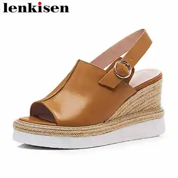 

Lenkisen cow leather peep toe wedges summer shoes metal buckle strap high thick bottom gladiator concise style women sandals L35