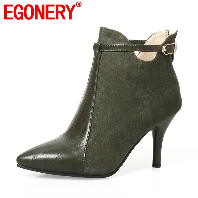 EGONERY/женские ботинки; новейшая модель; модные пикантные ботинки из флока и искусственной кожи на очень высоком тонком каблуке с острым носком и металлической пряжкой; три цвета