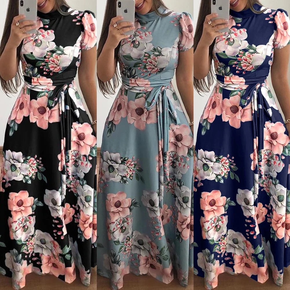 

Women's Boho Floral Long Maxi Dress Short Sleeve Party Club Beach Sundress