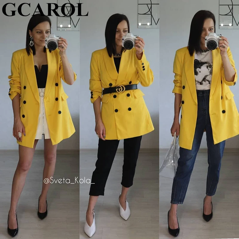 GCAROL шикарный женский двубортный желтый блейзер с v-образным вырезом и 2 карманами элегантный офисный костюм весна-лето модная куртка