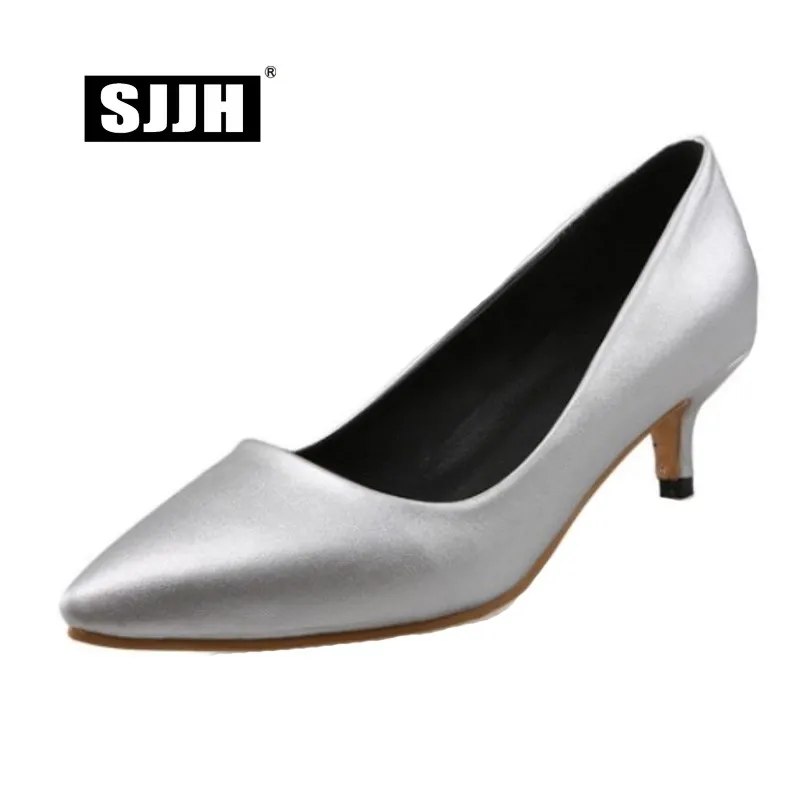 SJJH Woman Pumps with Pointed Toe and Med Thin Heels Solid Comfortable Footwear Elegant Formal Working Shoes Large Size A029