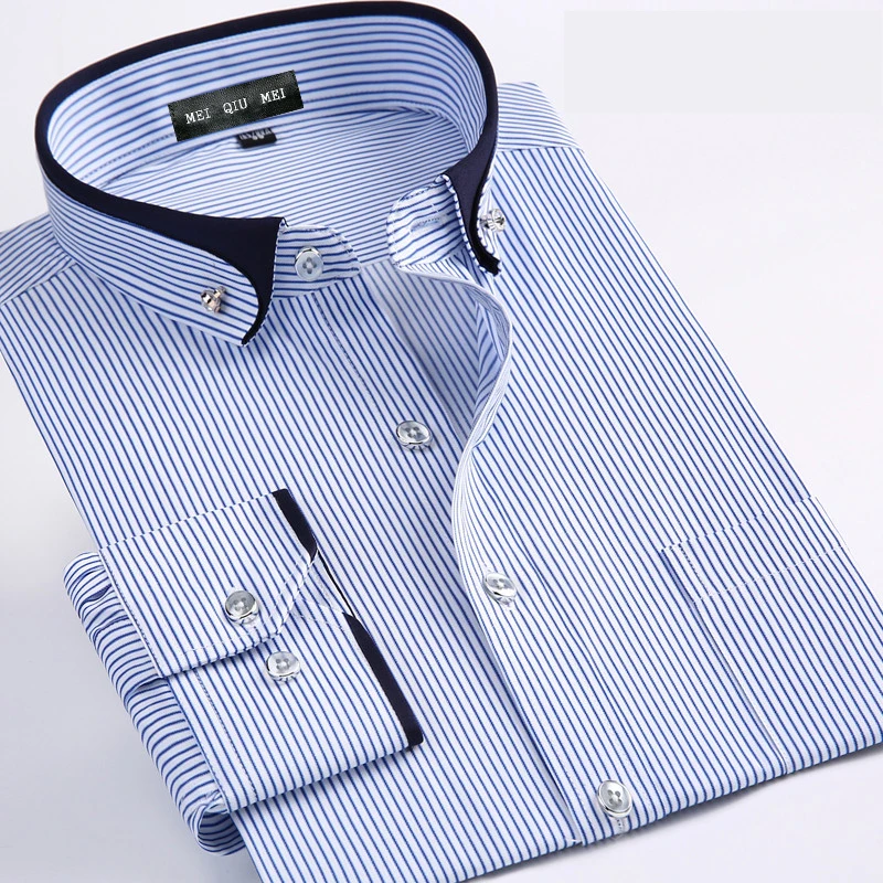 new arrival Spring male stripe buckle shirt men's clothing extra large solid color long sleeve