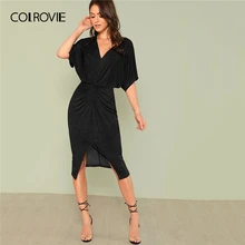 COLROVIE, черное однотонное платье с v-образным вырезом, с разрезом, OL, элегантное платье-кимоно, для женщин, лето, тянущиеся, тонкие, половина рукава, стильные, миди платья